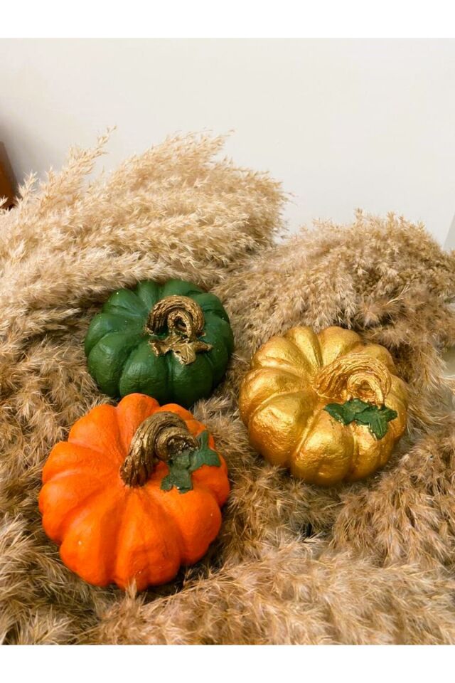 Balkabağı Dekor 3’lü Adet Beton Kabak Obje Biblo Balkabağı Süs Dekorasyon