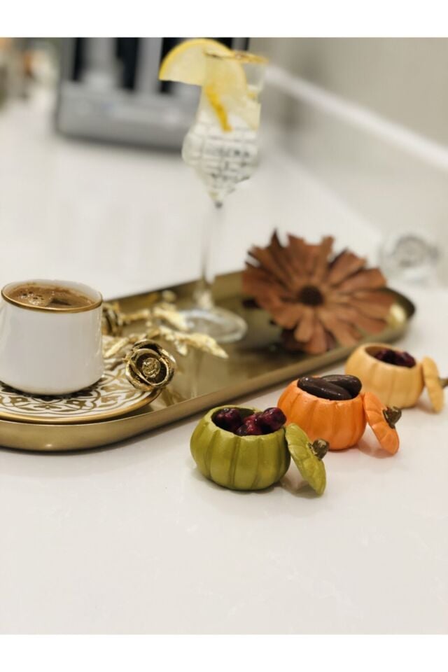 Kahve Yanı Sunumluk Biblo 3 Adet- Kabak Lokumluk 3 Adet Kapaklı Balkabağı Biblo Lokumluk