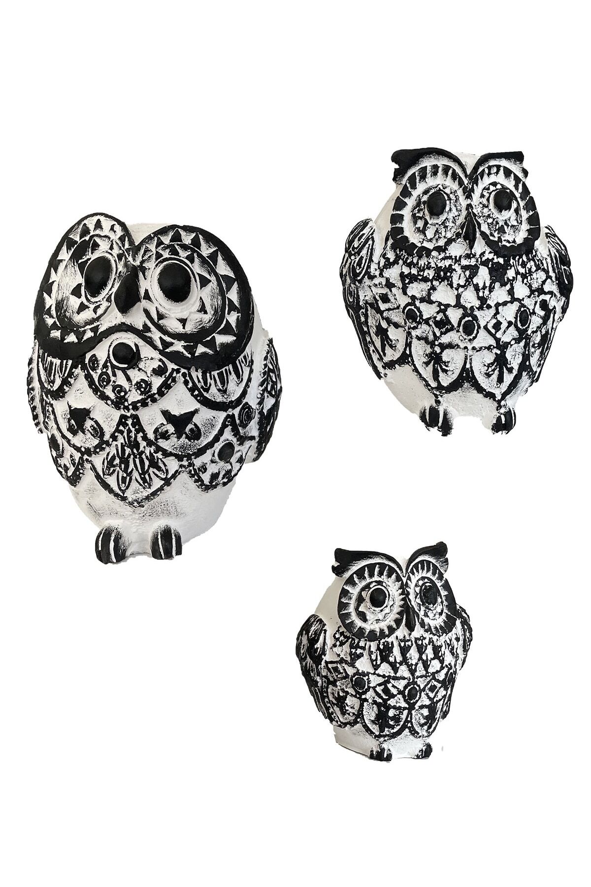 Kar Baykuşu Heykel Dekor Set 3'lü Set Biblo Dekoratif Kuş Obje