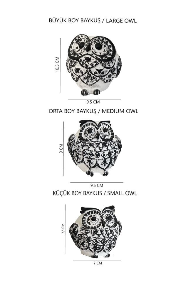 Kar Baykuşu Heykel Dekor Set 3'lü Set Biblo Dekoratif Kuş Obje
